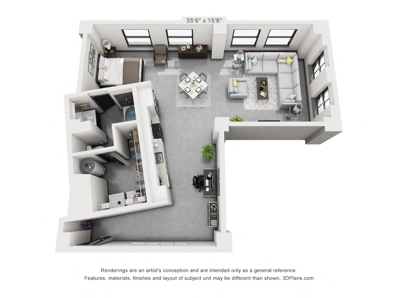 Floor plan for 1 bed, 1 bath, 953 sqft